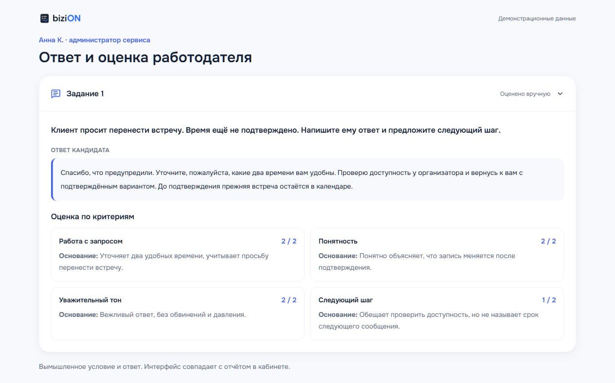 Настоящий интерфейс оценки текстового ответа: ответ клиенту, четыре критерия с баллами и основаниями работодателя. Условие и ответ вымышленные.